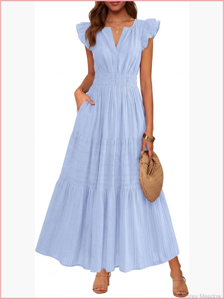 Summer Maxi Dress Ruffle Flutter Sleeve A Line Tiered Flowy Pockets